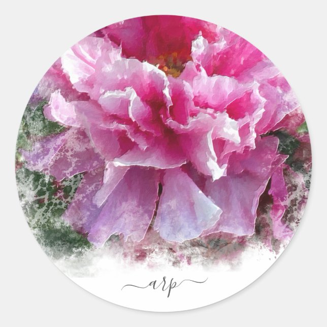 Sticker Rond *~* Initial - Peinture florale de paon rond AR1 (Devant)