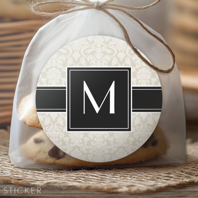 Sticker Rond Initiale avec Damas beige ivoire (Custom Sticker)