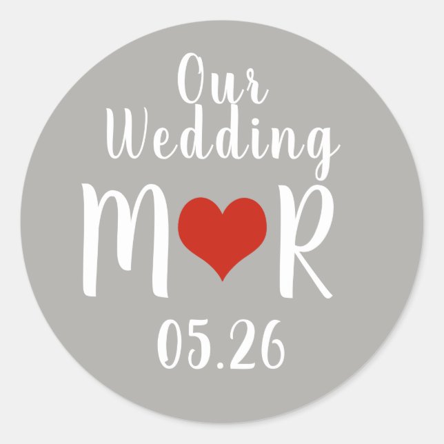 Sticker Rond initiales avec coeur d'amour rouge, mariage gris (Devant)