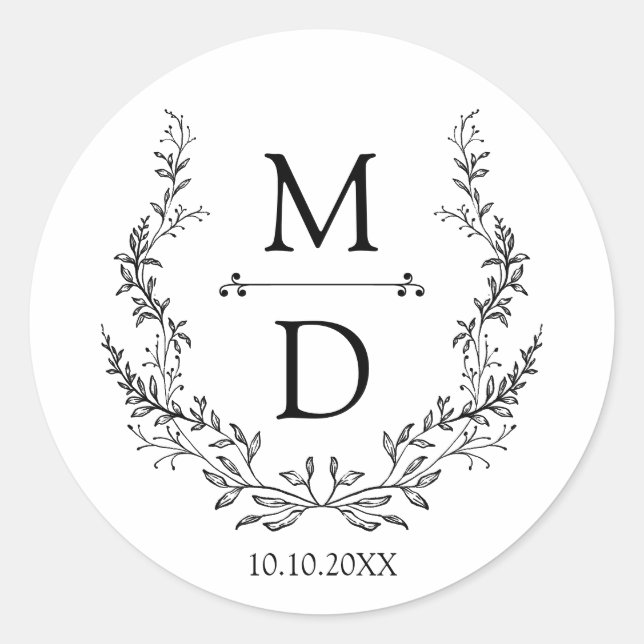 Sticker Rond initiales de couronne botanique monogramme mariage (Devant)
