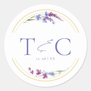 Sticker Rond Initiales de l'aquarelle du Mariage fleur sauvage 