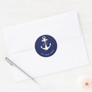 Sticker Rond Initiales de mariage nautique d'ancre élégante