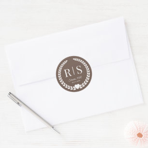 Sticker Rond Initiales de monogramme de mariage marron chocolat