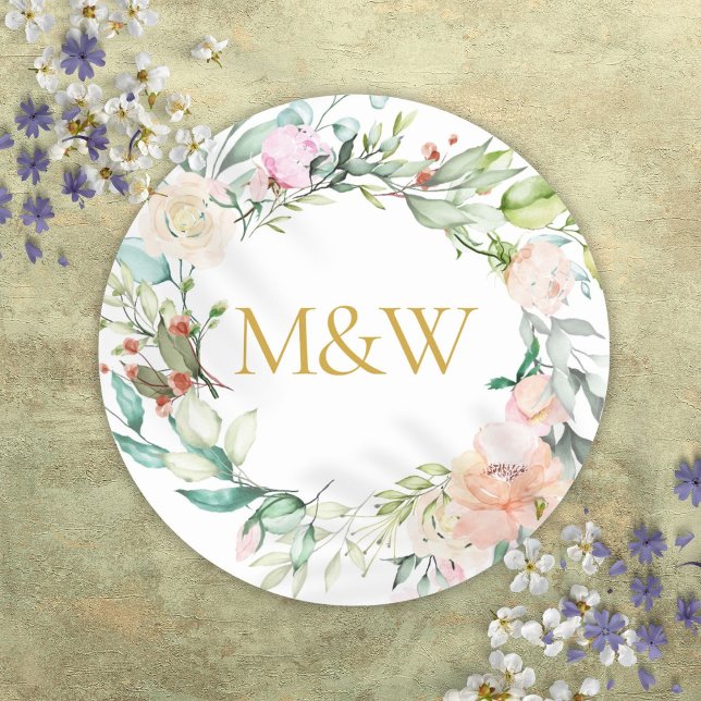 Sticker Rond Initiales de monogramme en or Roses Guirlande Flor (Gold Monogram Initials Roses Garland Floral Classic Round Sticker)