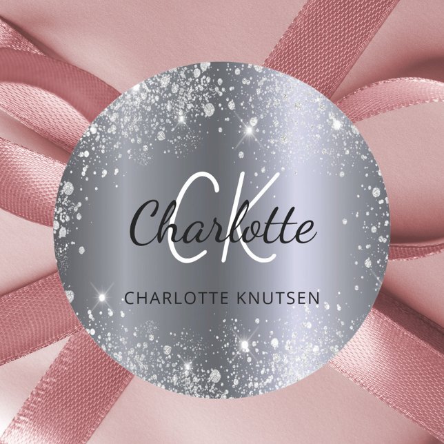 Sticker Rond Initiales de monogramme en paillettes argentées (Créateur téléchargé)