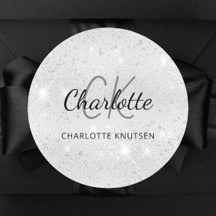 Sticker Rond Initiales de monogramme en paillettes argentées no