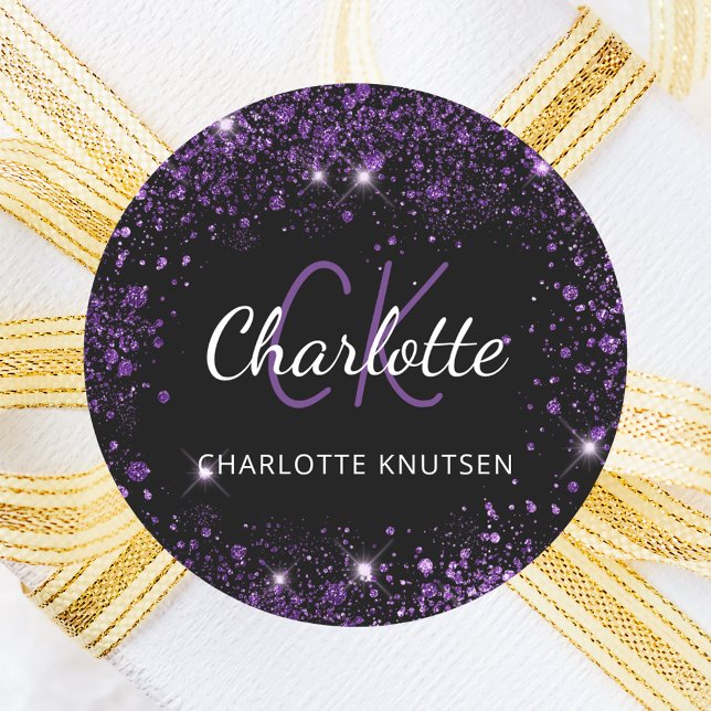 Sticker Rond Initiales de nom en poussière de paillettes violet (Créateur téléchargé)