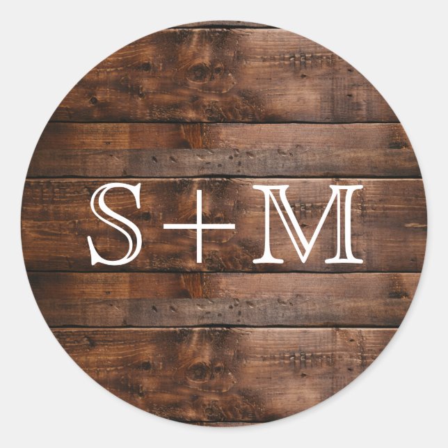 Sticker Rond Initiales du Monogramme de texture en bois brun ru (Devant)