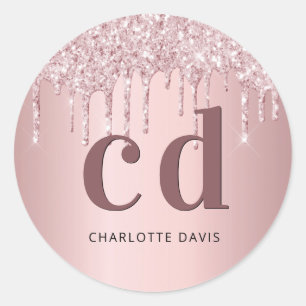 Sticker Rond Initiales en monogramme rose gouttes de parties sc