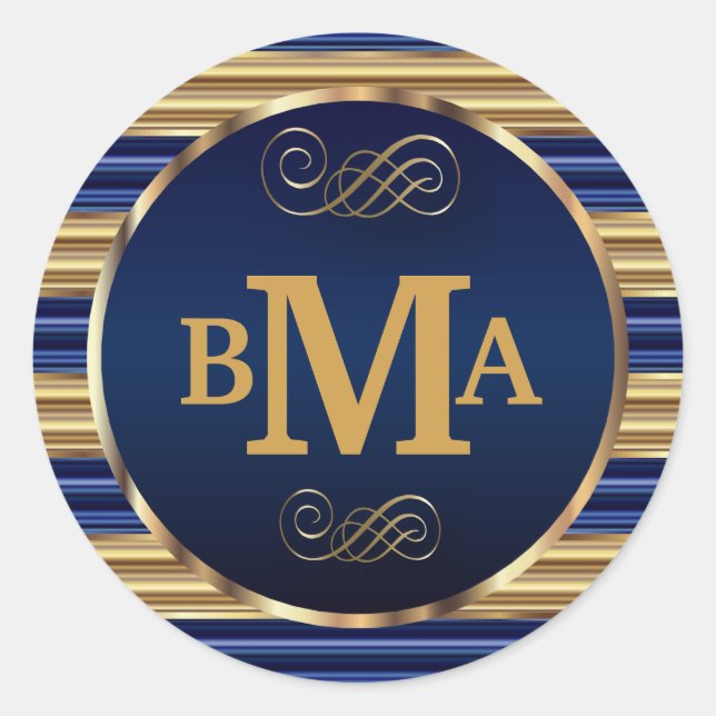 Sticker Rond Initiales Monogrammes en bandes Bleu foncé et Or (Devant)