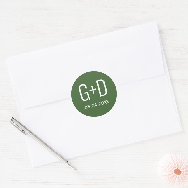Sticker Rond Initiales simples et élégantes Moss green mariage (Enveloppe)