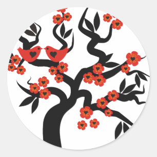Sticker Rond Inséparables noirs rouges sakura cherry tree & Blo