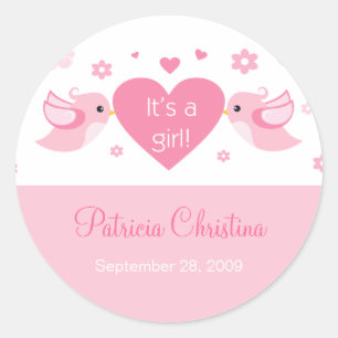Sticker Rond Inséparables roses Faire-part de naissance bébé
