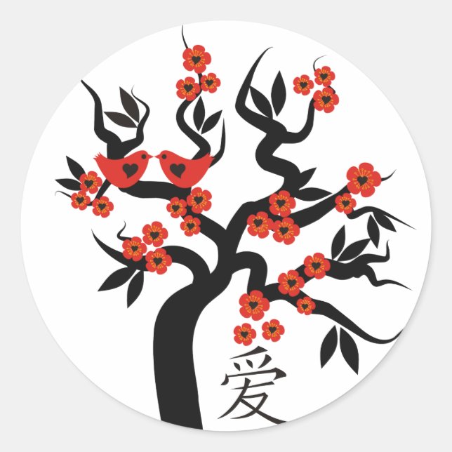 Sticker Rond Inséparables Sakura cherry tree symbole d'amour ch (Devant)