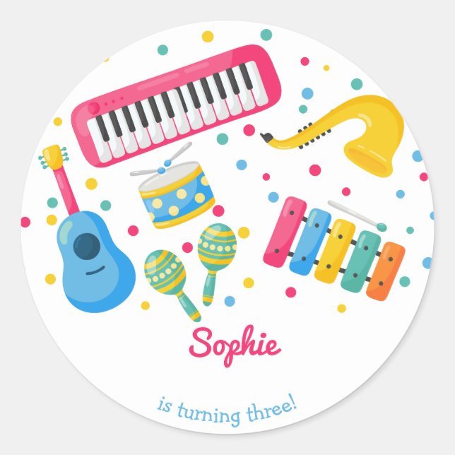 Sticker Rond Instruments de musique anniversaire de enfant (Devant)