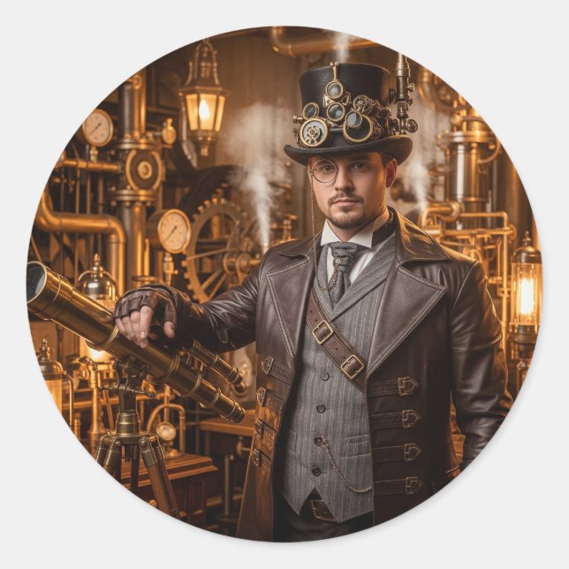 Sticker Rond Inventeur Steampunk en atelier (Devant)