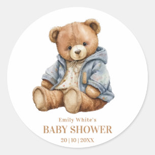 Sticker Rond Invitation à la baby shower Ours en Peluche, Peut