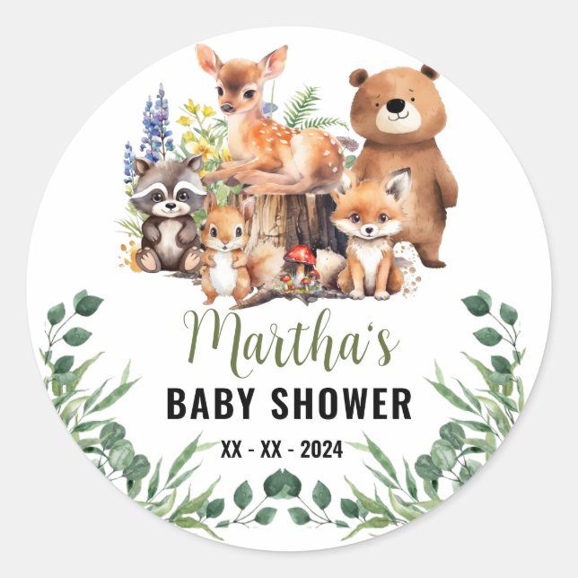 Sticker Rond Invitation au Baby shower des bois | Animaux des b (Devant)