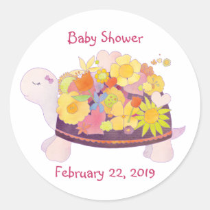 Sticker Rond Invitation Baby shower de tortue à fleurs