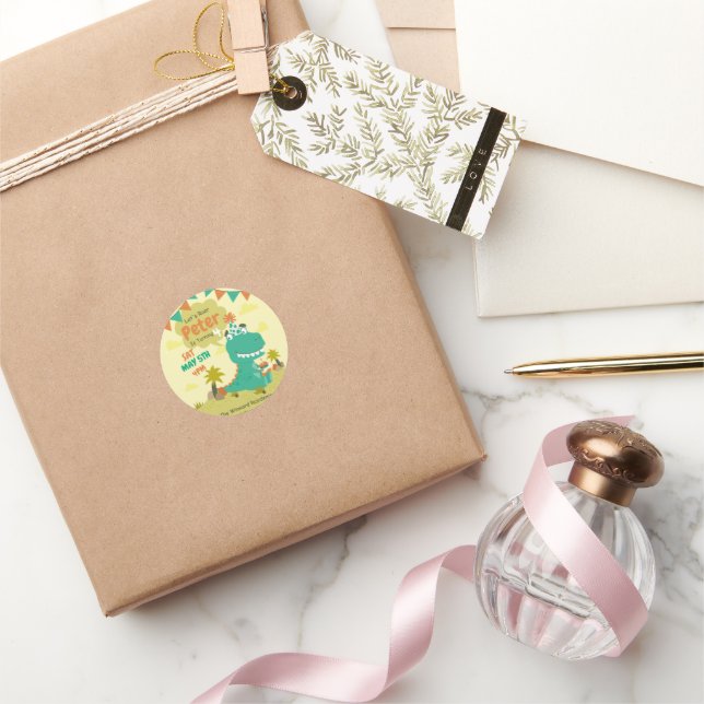 Sticker Rond Invitation d'anniversaire de Dinosaur, Dinosaure m (Cadeaux)