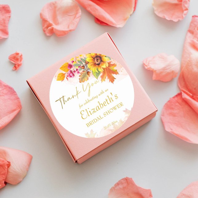 Sticker Rond Invitation de baby shower automnal pour tomber amo (Fall bridal shower sunflowers autumn foliage thank you favor gift stickers)
