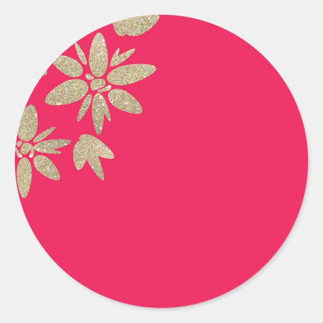 Sticker Rond Invitation fuchsia rose aux fleurs étincelantes or (Devant)