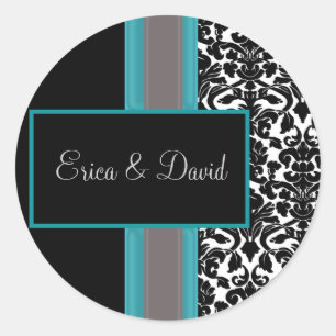 Sticker Rond Invitations Aqua White Black Mariage damassé