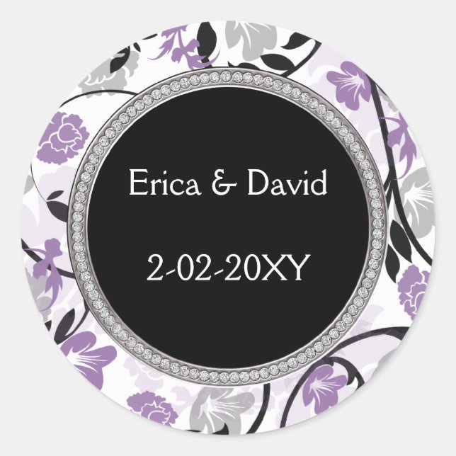 Sticker Rond Invitations de mariage florales en argent violet (Devant)