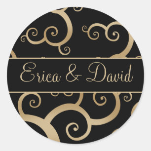 Sticker Rond Invitations noires de mariage damassé d'or