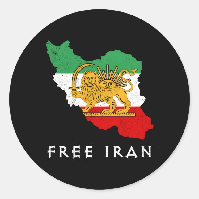Sticker Rond Iran Carte du drapeau Lion Soleil Épée Libre Iran  (Devant)