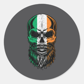 Sticker Rond Irish Flag Bearded Skull Head Saint Patrick's Day 