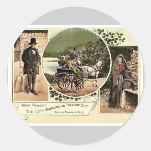 Sticker Rond Irish Jaunting Car et Paysans. Co. Galway, Irela