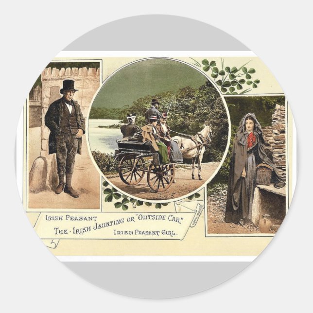 Sticker Rond Irish Jaunting Car et Paysans. Co. Galway, Irela (Devant)