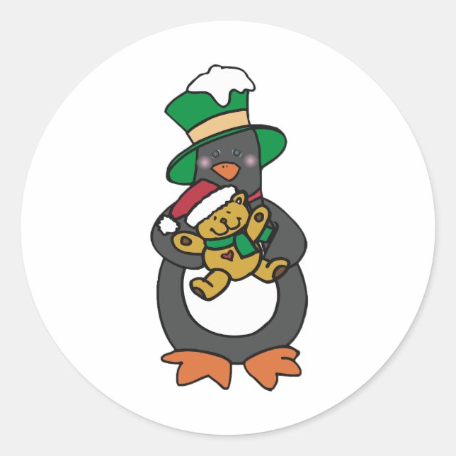 Sticker Rond Irish Penguin Holding Christmas Teddy Bear (Devant)