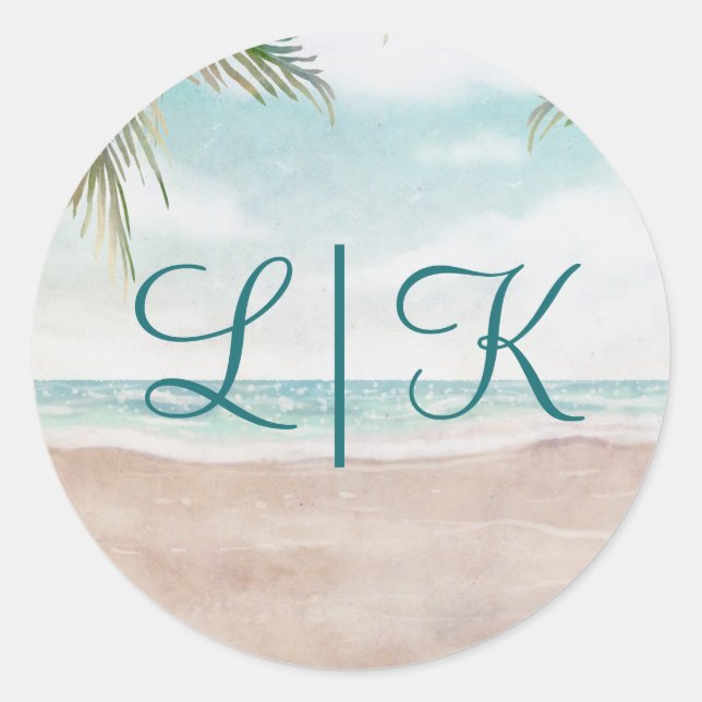 Sticker Rond Island Breeze Plage Peint Scène Monogramme Mariage (Devant)