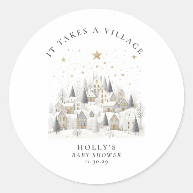Sticker Rond It Takes a Village Snowy Whimsical Baby Shower  (Devant)