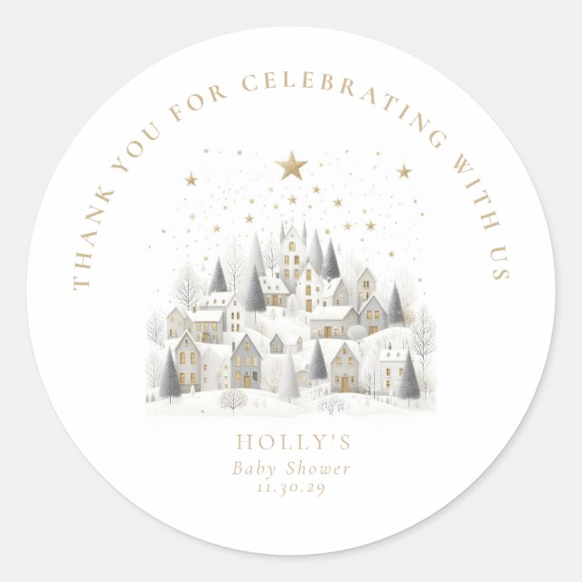 Sticker Rond It Takes a Village Snowy Whimsical Baby Shower  (Devant)