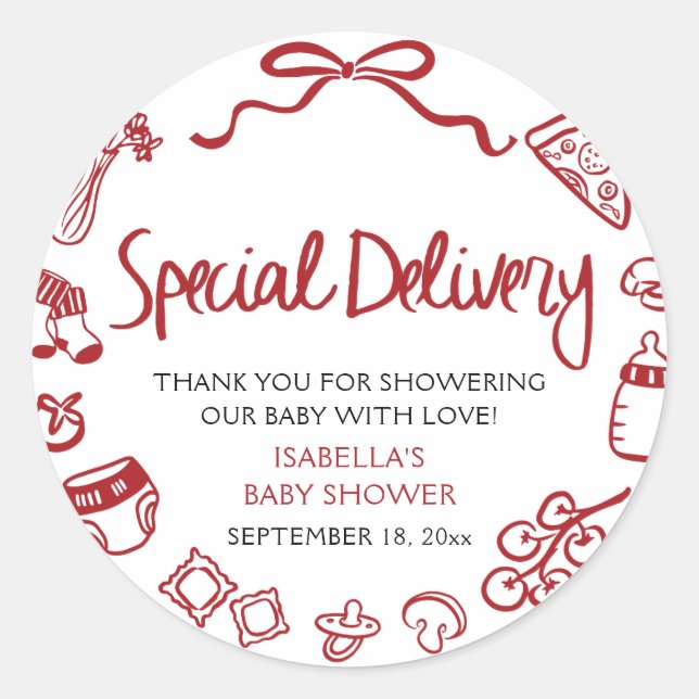 Sticker Rond Italian Hand Drawn Special Delivery Baby Shower (Devant)