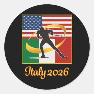 Sticker Rond Italie 2026 Ski de fond Usa Italie Drapeaux Wi