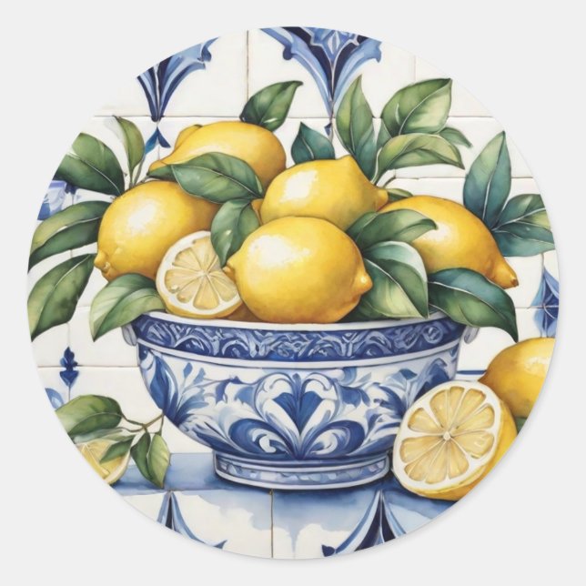 Sticker Rond Italien Amalfi bleu carreaux blanc bol de citrons (Devant)
