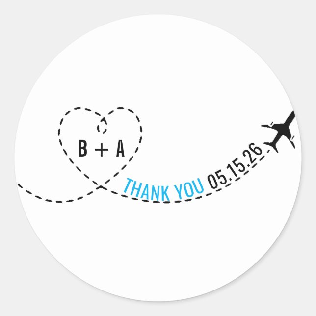 Sticker Rond Itinéraire d'avion Monogramme Mariage Date Merci (Devant)