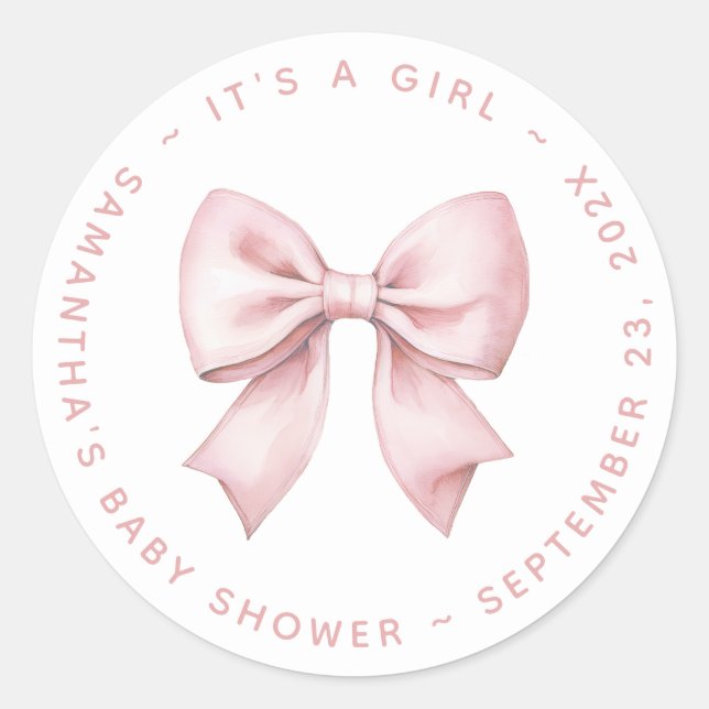 Sticker Rond It's a Girl Baby Shower Pink Bow (Devant)