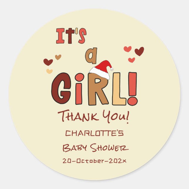 Sticker Rond It's a Girl! Christmas Santa Hat Baby Shower (Devant)
