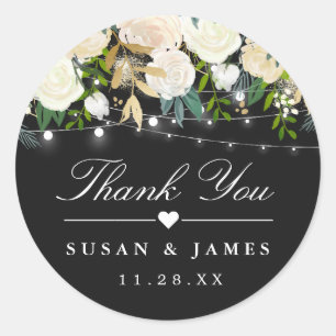 Sticker Rond Ivory Floral String éclaire Merci Mariage Faveur
