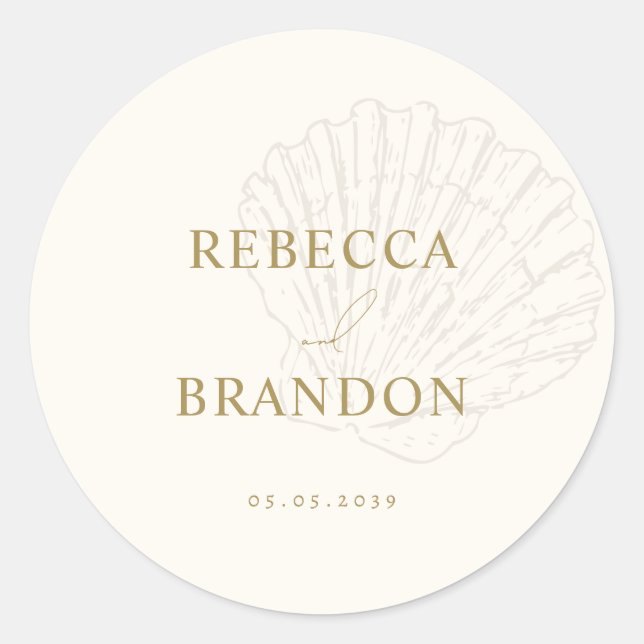 Sticker Rond Ivory & Gold Hand Drawn Seashell Wedding Favor (Devant)