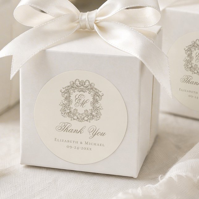 Sticker Rond Ivory Taupe Monogram Wedding Crest Thank You (Créateur téléchargé)