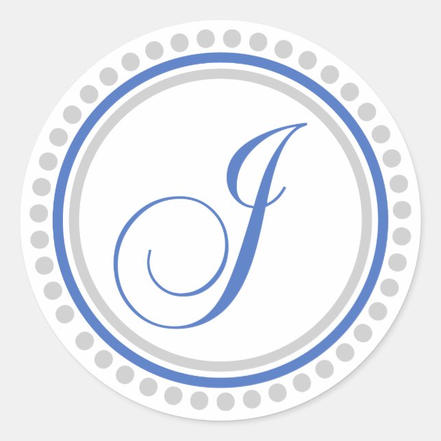 Sticker Rond J Monogramme (bleu/cercle de points d'argent) (Devant)