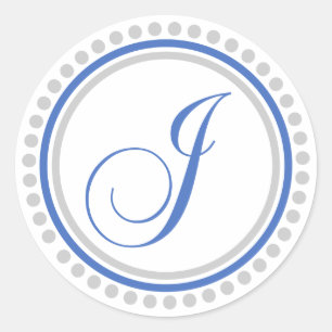 Sticker Rond J Monogramme (bleu/cercle de points d'argent)