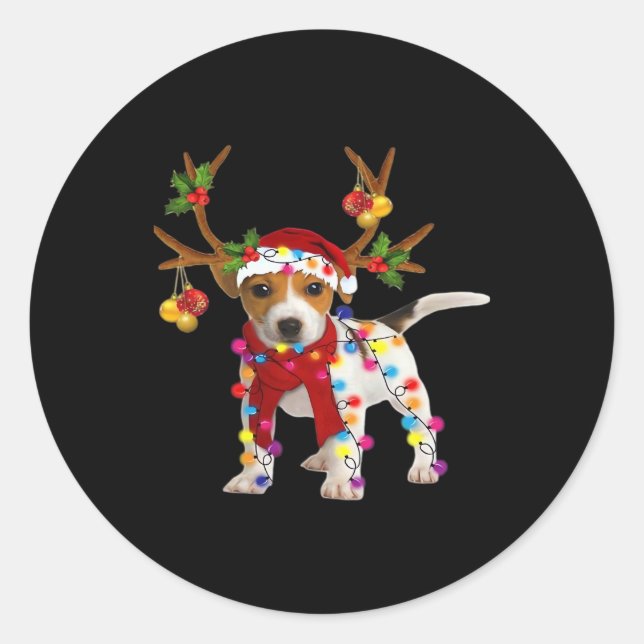 Sticker Rond Jack russell Chien Superbe Reindeer Noël Lumière (Devant)