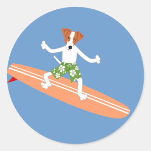 Sticker Rond Jack Russell Terrier Surfer Longboard